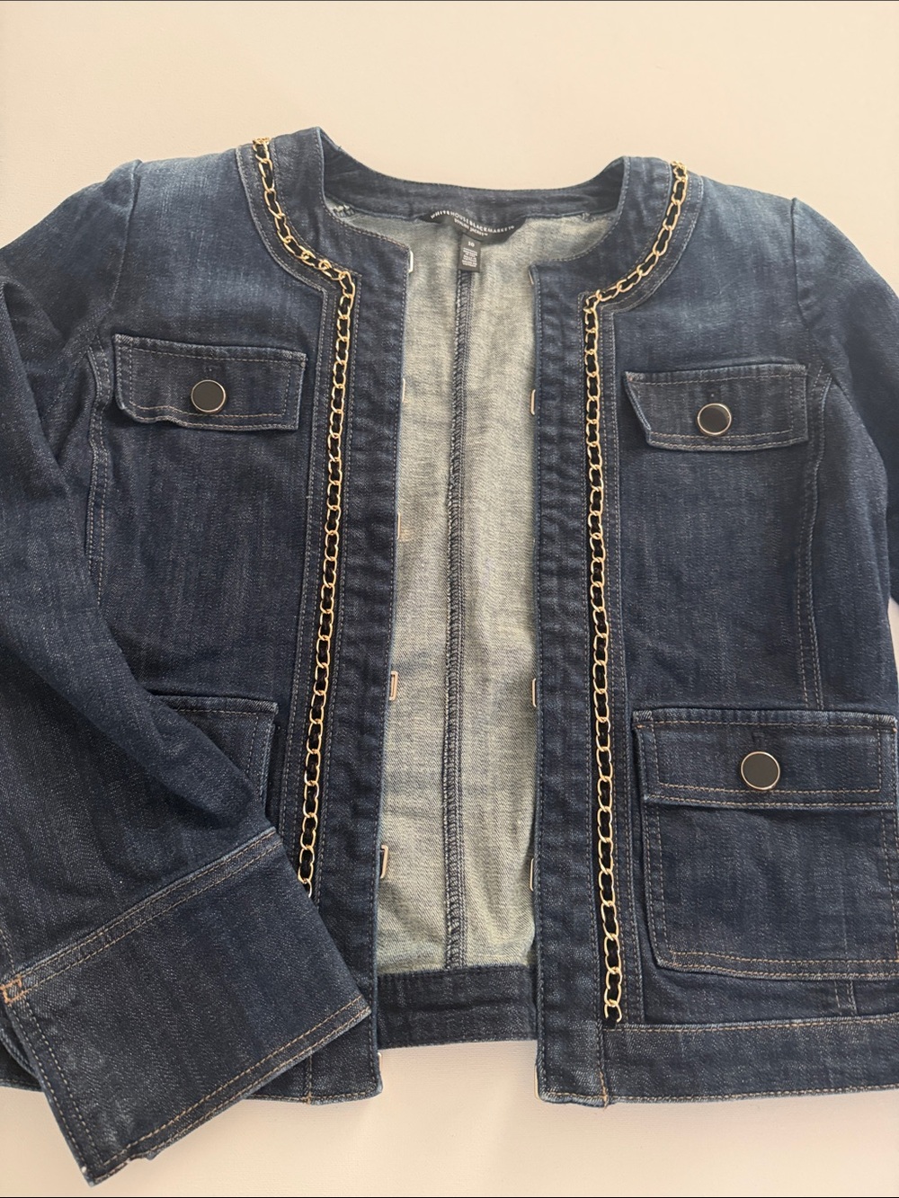 Dark Blue Denim Chain-Trim Open Front Jacket
